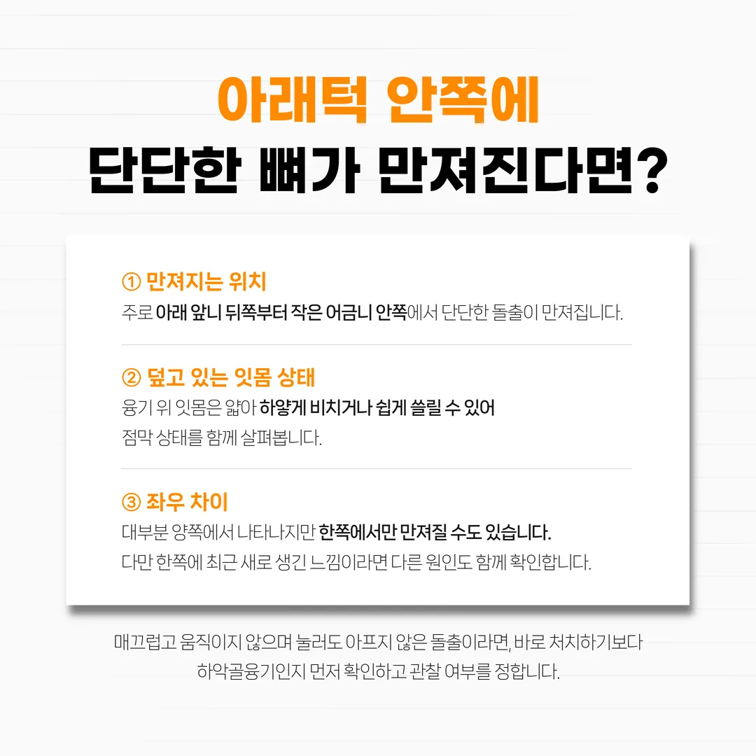 아래턱 안쪽 혀 쪽에서 하악골융기가 만져지는 위치