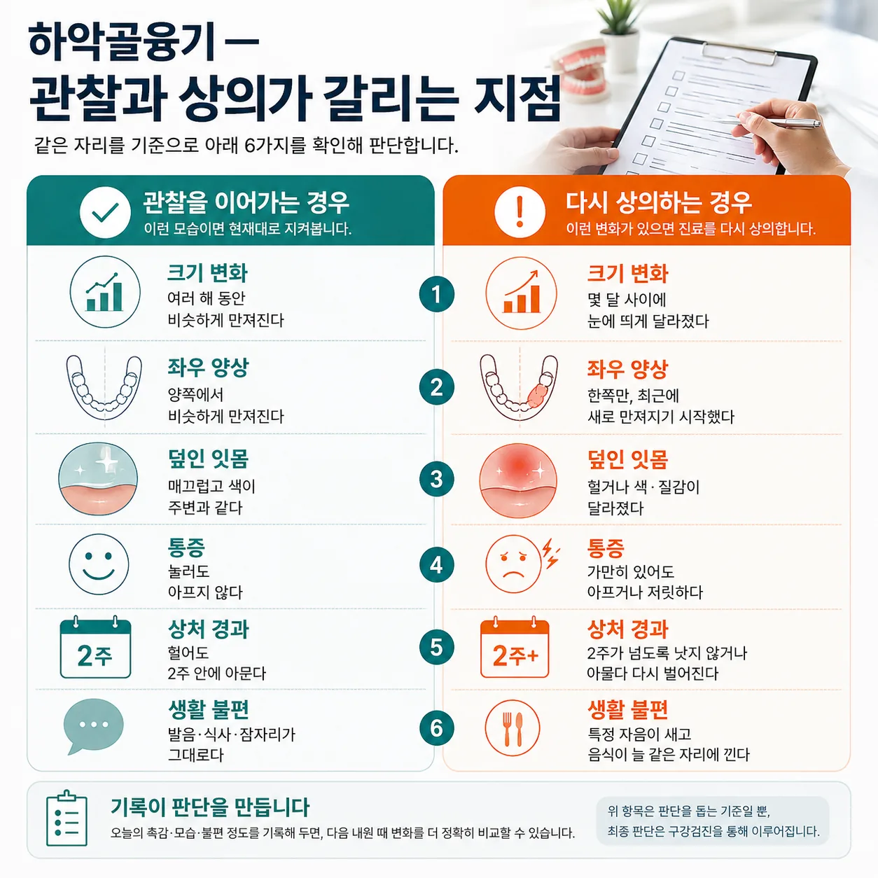 하악골융기 관찰과 상의를 가르는 확인 항목 비교