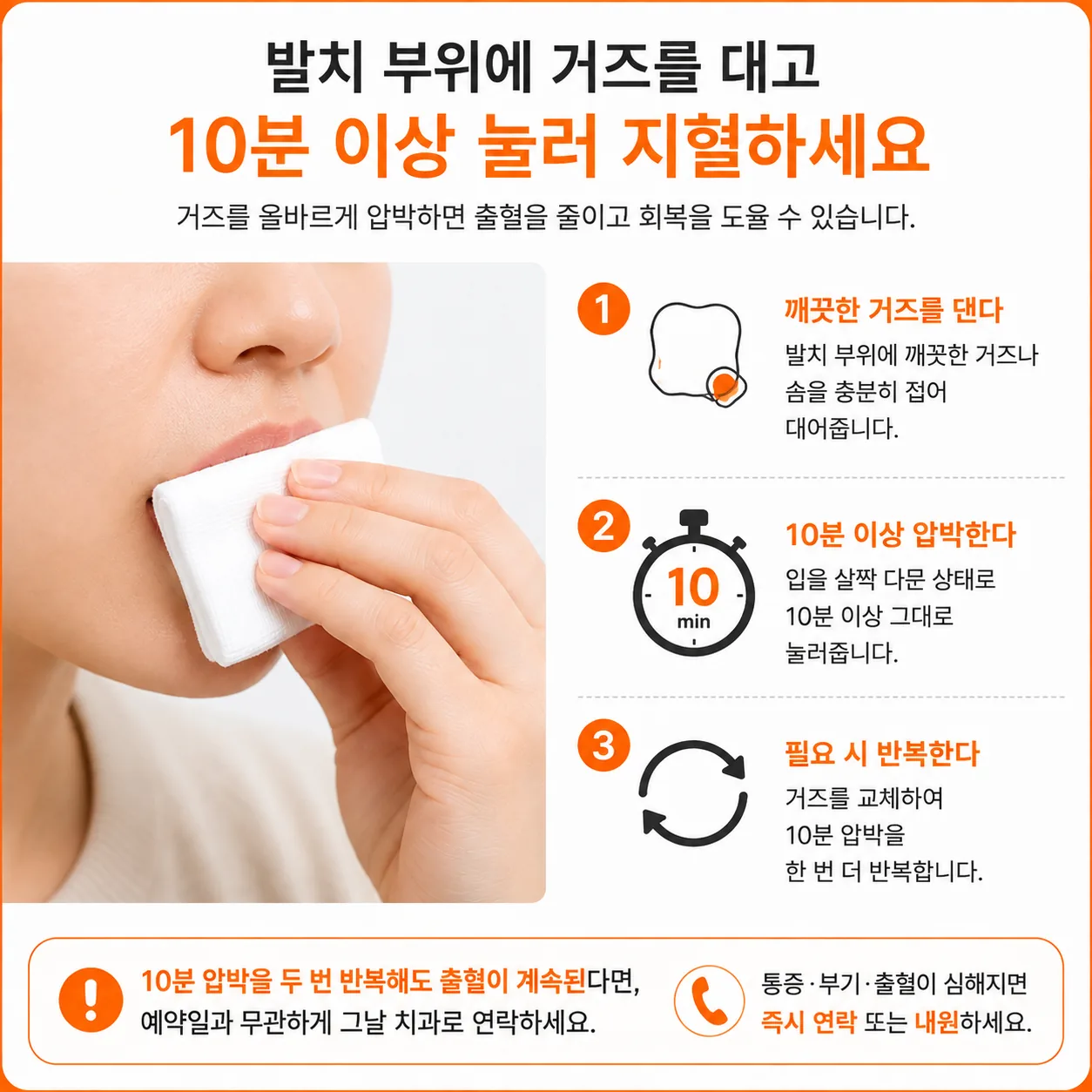 사랑니 발치 부위에 거즈를 대고 10분 이상 압박하는 지혈 자세 안내 그림