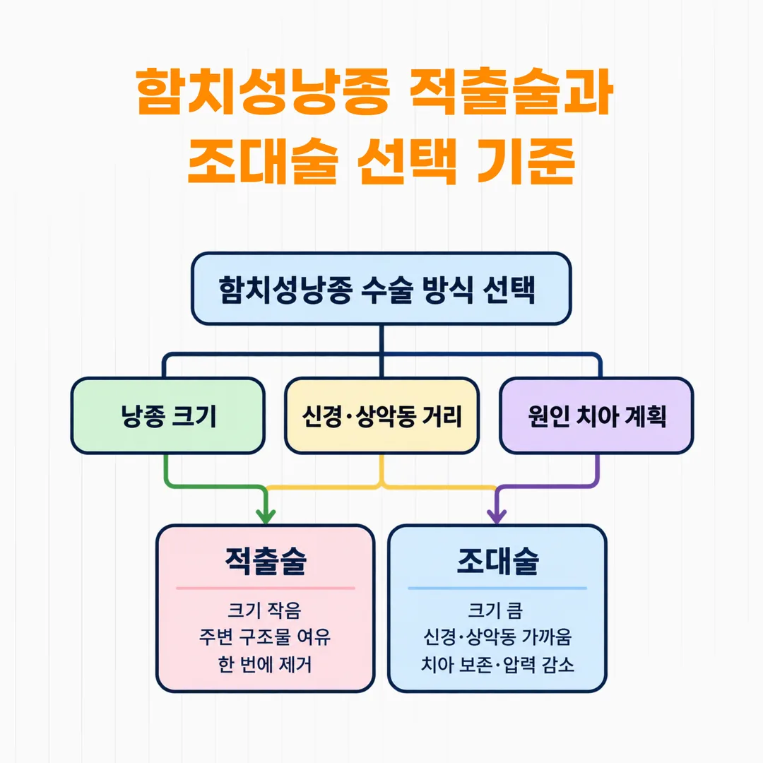 함치성낭종 적출술과 조대술 선택 기준 개념도